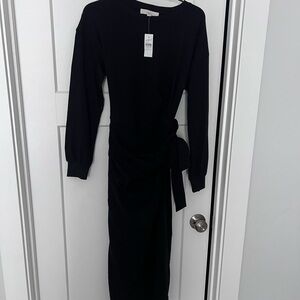 LOFT Black Long-Sleeve Tie-Waist Midi Dress